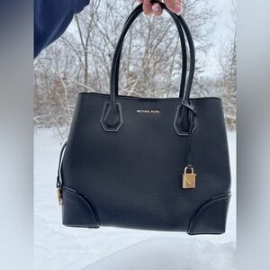 Michael Kors Maisie Black Pebbled Leather Satchel Tote with Lock Charm